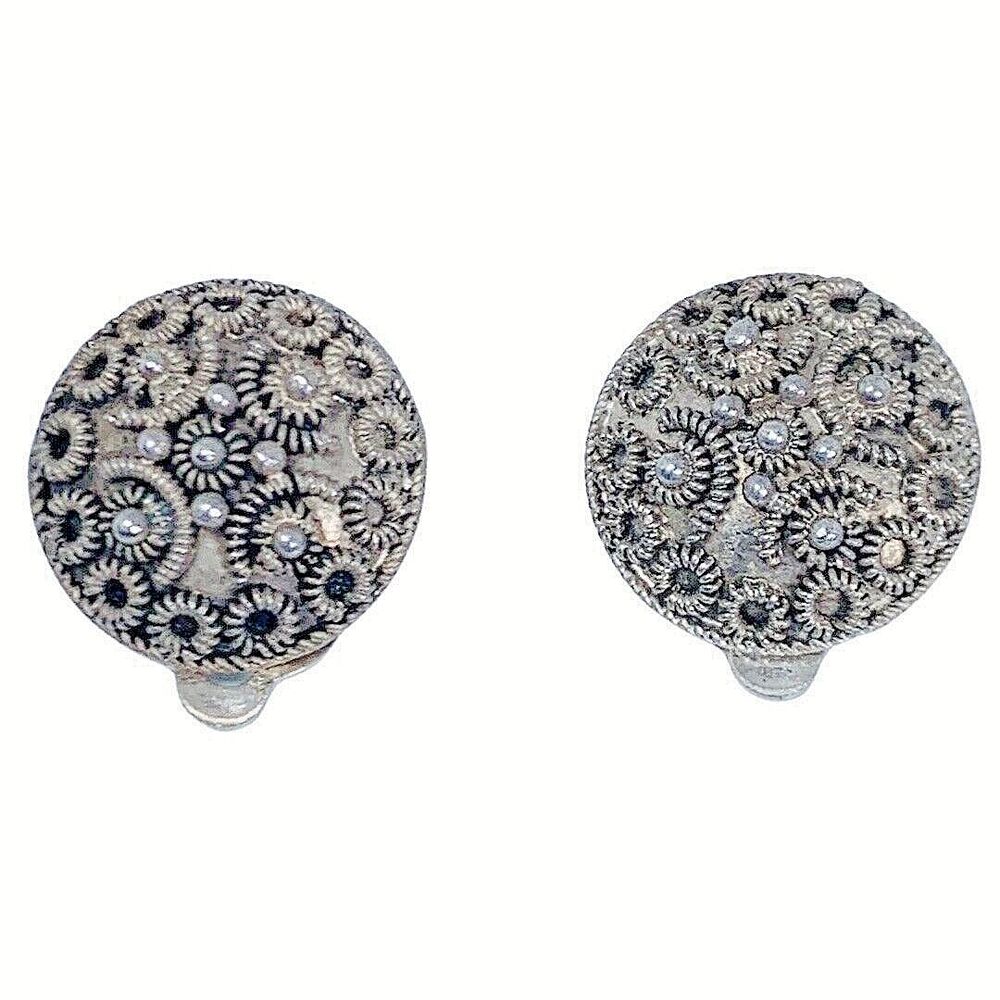 Vintage Jerusalem 925 Sterling Silver Floral Round Button Clip On Earrings